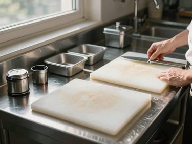 Wide shot of a stainless steel prep station surface in morning light, cutting boards and small equipment arranged by a chef's hands, window light from the left