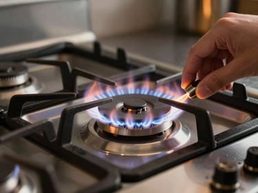 Close-up of a professional gas range burner mid-flame, hands adjusting the valve, warm tungsten light from above, dark kitchen background