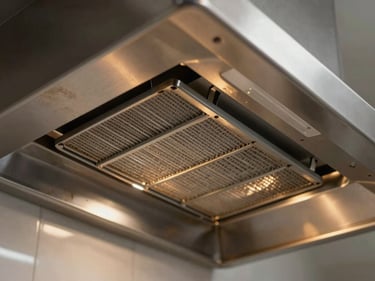 Underside of a stainless steel kitchen hood extraction canopy, grease filters visible, warm amber light from below illuminating the worn metal surface