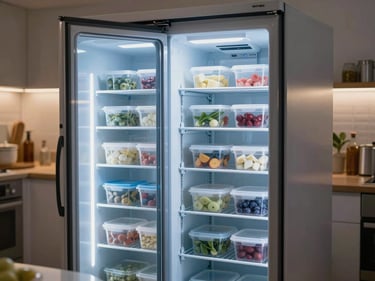 Interior of a professional reach-in refrigeration unit, door slightly open, cool blue ambient light contrasting with warm kitchen surroundings, shelves of prepped containers
