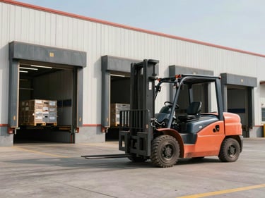 Wide shot of a cargo warehouse loading dock at daylight, a forklift moving freight in the background, clean industrial environment, no people in foreground, no text