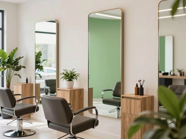 Bright modern hair salon interior with elegant mirrors, green plants, and warm wooden accents, natural daytime lighting.