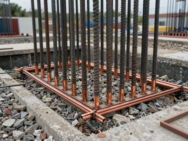 Grounding rod array and copper bonding strips installed at a building foundation, overcast outdoor light, gravel and concrete surroundings, wide environmental framing