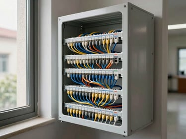 Structured cabling tray with data and signal cables neatly bundled and labeled inside a building corridor, natural daylight from a side window, shallow depth of field on connectors