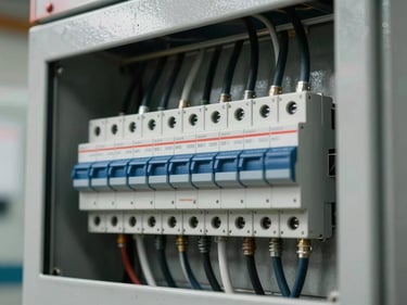 Close-up of an electrical distribution panel with neatly routed cables and labeled circuit breakers mounted on a concrete wall, overcast workshop light, sharp terminals in focus
