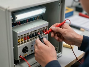 Technician's hands using a multimeter probe on terminal blocks inside an open electrical panel, workshop fluorescent light, tools and documentation visible in background