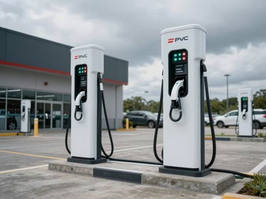 Ground-level view of an outdoor EV charging station at a retail facility, two charging units actively dispensing power with indicator lights on, concrete surface, overcast grey sky, no people