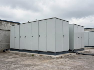 Wide ground-level view of an industrial facility yard, large battery storage cabinet units mounted against a concrete wall, heavy-gauge cabling visible, overcast Ukrainian sky above, no people