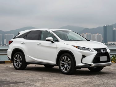 Front three-quarter driver-side profile of a pearl white Lexus RX350, overcast Hong Kong daylight, full vehicle visible, squared frame