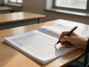 Student annotating a printed stock market report at a wooden desk, pen underlining data rows, financial pages spread open, golden late-afternoon light through a classroom window