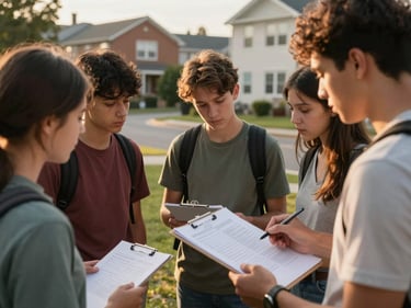 Small group of students in an outdoor community setting reviewing a project plan together, one holding a clipboard with notes, golden afternoon light, neighborhood context visible in background