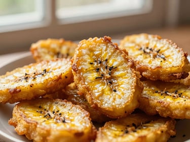 Close-up of crispy fried banana fritters on a small plate, warm afternoon light, rich saturated tones.