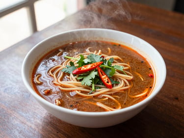 Steaming bowl of authentic Malaysian noodle soup, garnished with fresh herbs and chili, on a dark wooden table. Natural afternoon light, rich colors.