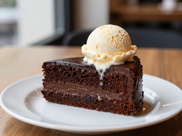 Slice of rich chocolate cake with a scoop of ice cream on a plate, warm cafe background, natural light.