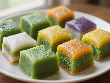 Artfully arranged plate with a colorful Malaysian dessert, perhaps a slice of pandan cake or kuih. Soft, warm light, focus on texture and detail.