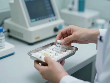 Close-up of a nurse's hands preparing a medication tray at a clinical dispensary station, monitoring equipment visible in the background, cool clinical lighting, no dramatic shadows