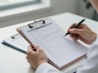 Close-up medium shot of a psychiatrist's hands holding an open patient chart at a clinical desk, medical prescription pad visible beside it, soft north-facing daylight through a window, no dramatic shadows, clean clinical workspace detail
