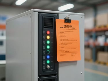 Close-up of a rack-mounted UPS unit with indicator panels, warehouse staging area, safety-orange manifest tag clipped to the front panel, bright daylight warehouse lighting