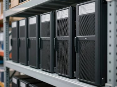 Close-up tight shot of a row of 1U rack-mount servers on a warehouse shelf, equipment labels and asset tags visible, daylight warehouse ambient light, steel grey surfaces
