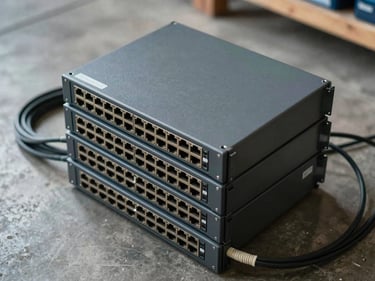 Overhead close-up of stacked network switches and patch panels on a warehouse floor, port labels visible, cables coiled beside them, daylight warehouse lighting, industrial concrete background