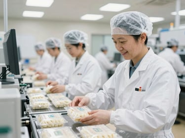 Professional worker in sterile white uniform packaging food products on a clean modern Japanese factory line