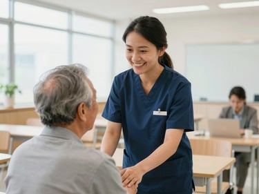 Indonesian caregiver smiling while assisting an elderly Japanese person in a bright modern facility, soft natural light