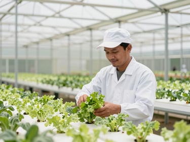 Indonesian worker in clean uniform harvesting fresh vegetables in a modern Japanese greenhouse, bright daylight