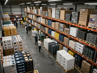 Overhead view of specialty goods storage area in a warehouse, varied product types in labeled containers and crates on organized shelving, workers visible in background, strong overhead fluorescent lighting