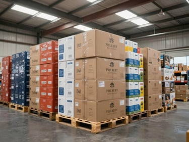 Wide overhead warehouse shot showing consumer goods in branded cartons stacked on pallets, organized by product category, bright daylight from skylights mixing with fluorescents, inventory labels visible