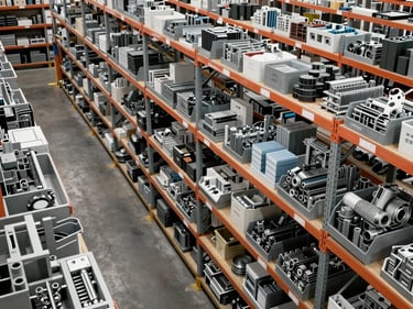 Overhead view of industrial shelving rows in a warehouse, metal components and hardware supplies in organized bins, bright fluorescent lighting, high-volume storage visible across the full frame
