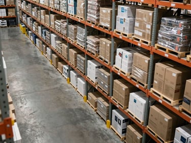 Overhead view of a warehouse section stocked with office and commercial goods in uniform cartons on wide metal shelves, organized rows extending into depth, neutral warehouse fluorescent lighting