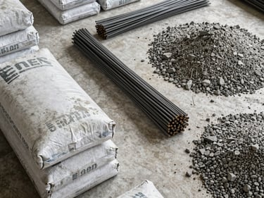 Overhead flat-lay of construction raw materials — cement bags, rebar bundles and aggregate gravel on a warehouse floor under bright daylight