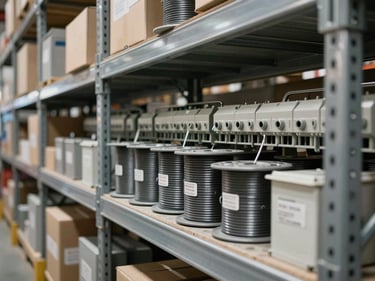 Organized electrical conduit, wire spools and junction boxes on metal shelves in a well-lit supply warehouse
