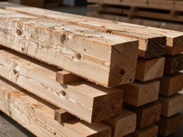 Close-up of rough-sawn lumber boards stacked in a warehouse, visible grain and knots, high-contrast natural light from above