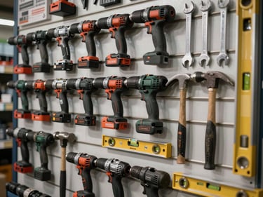 Organized tool wall in a hardware store — drills, hammers, levels and wrenches arranged in rows, high-contrast lighting
