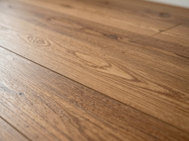 Close-up detail of engineered wood floor surface, fine tight grain in warm walnut tone, clean plank edges visible, soft diffused daylight from the left, no people