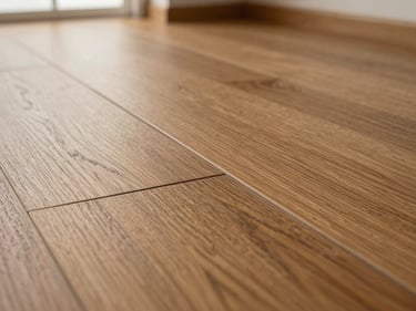 Close-up of laminate floor plank joint, crisp wood-grain print in warm chestnut finish, matte surface under soft north window light, no people