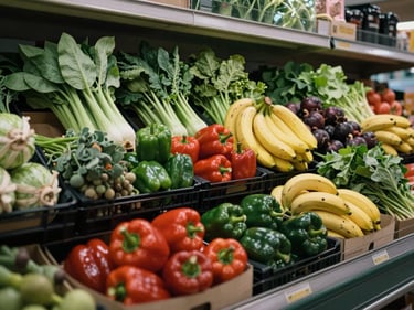 Wide shot of hortifrúti section bins full of mixed produce — peppers, bananas, leafy greens — ambient store light, natural textures, documentary realism, no people