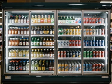 Refrigerated beverage section of a supermarket, bottles and cans neatly arranged behind glass doors, cool ambient light, documentary store environment, no people