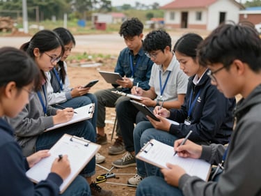 Participants at a field visit documenting conditions with clipboards and tablets, outdoor setting with natural daylight, wide environmental framing showing the work site context
