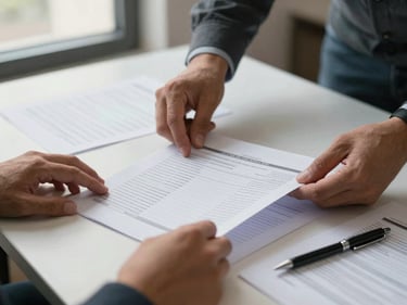 Close-up of hands arranging printed data sheets on a table during an organizational planning session, daylight from a side window, documents and pens visible