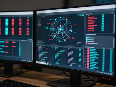 Close-up of a multi-monitor SOC workstation displaying live threat intelligence dashboards with red and cyan alert indicators, network topology overlays, and real-time event streams, cool monitor glow lighting