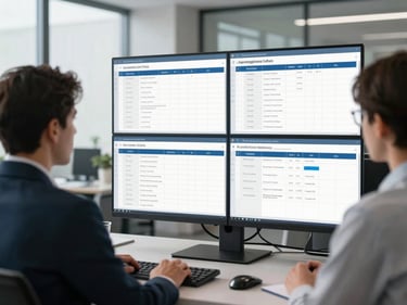 Wide shot of a compliance review session, two professionals examining multi-panel screens displaying regulatory framework checklists and audit evidence dashboards under cool daylit office lighting