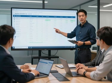 Mid-range shot of a security analyst presenting regulatory reporting dashboards to a small team around a conference table, screens showing structured report templates and audit trail summaries, cool daylit office environment