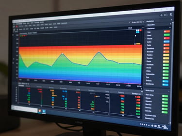 Close-up of a large dashboard screen displaying AI risk scoring heat maps with color-coded severity gradients across asset categories, risk trend lines, and priority action queues, cool monitor glow