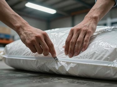 Hands pressing closed the zip-lock seal of a thick polyethylene industrial bag on a warehouse floor, harsh overhead fluorescent light, concrete floor visible, focus on the seal edge