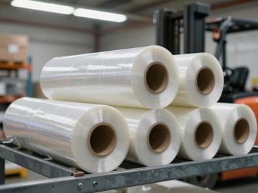 Tight shot of folded stretch film rolls arranged on a metal rack inside a distribution center, overhead fluorescent light catching the transparent layers, a forklift visible out of focus in the background
