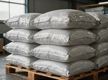 Close-up of stacked heavy-gauge polyethylene sacks on a wooden pallet in a warehouse, natural daylight from a side window illuminating the textured surface and heat-sealed top seam