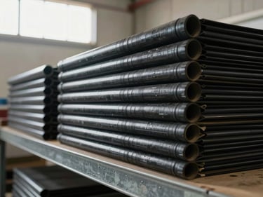 Row of black heavy-duty plastic liners folded neatly on a metal shelf inside an industrial supply room, daylight from a high clerestory window, the plastic texture sharp in the foreground