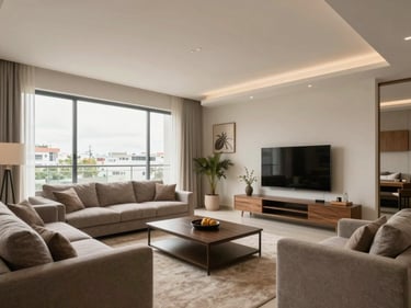 Interior of a modern Brazilian apartment living room, wide-angle shot showing room scale, natural light through large windows, clean finishes visible